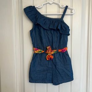 Size 3T romper, one shoulder with belt and pockets, denim.